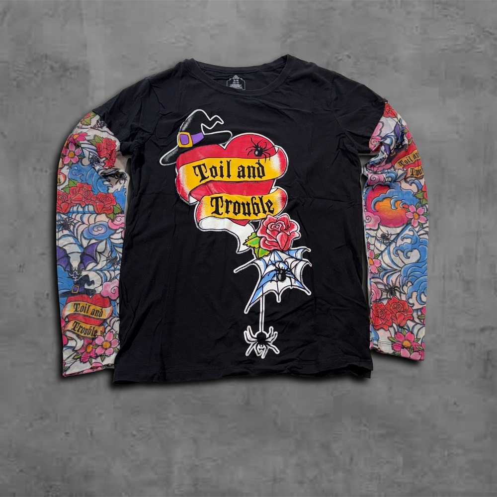 Y2K Relaxed Black Toil and Trouble Streetwear Longsleeve Biker Tee